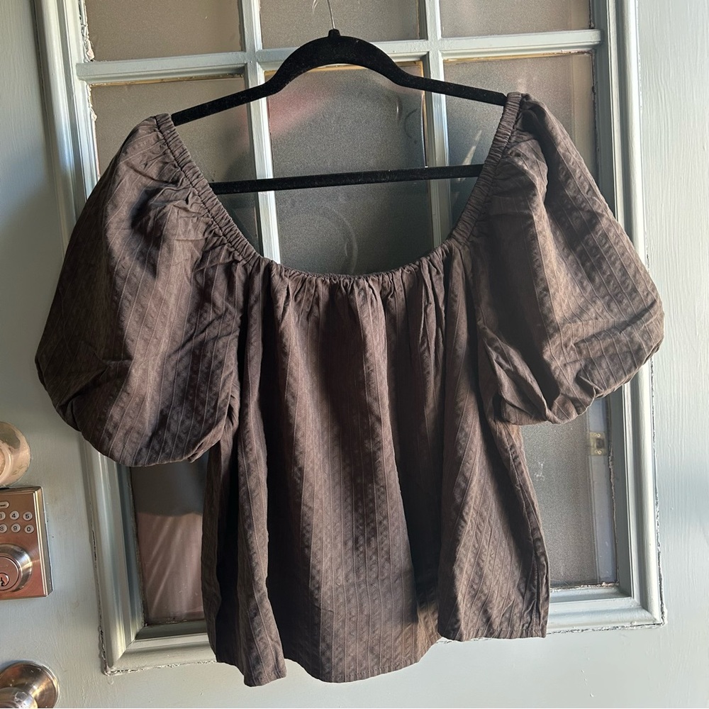 NWT Off the Shoulder Seersucker Puff Sleeve Aerie A Line Top Smoked Gray Large - Picture 2 of 10